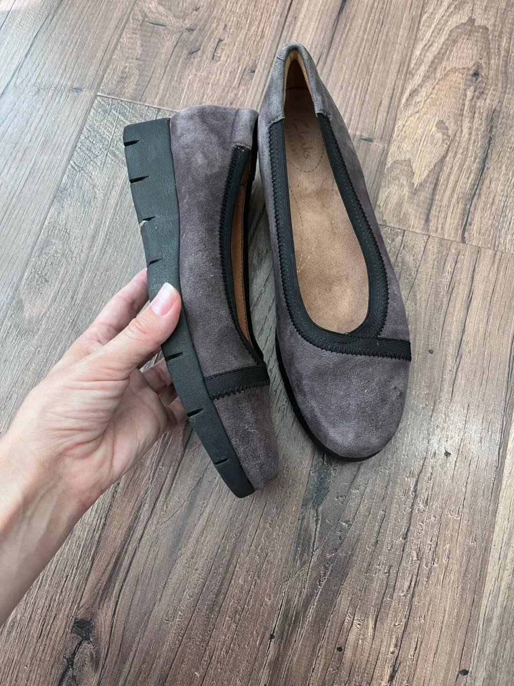 Clarks Taupe Suede Ballet Flats with Black Trim